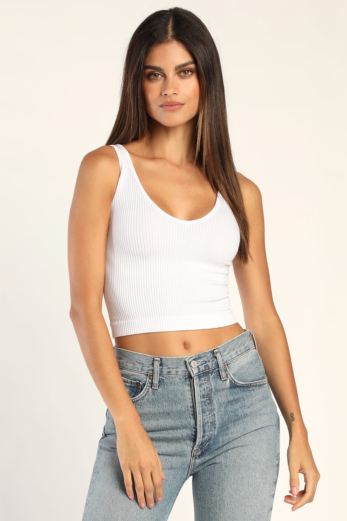 5. Free People Solid Rib White Cropped Tank Top